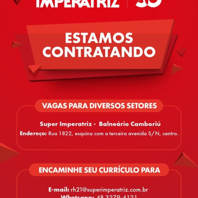 VAGAS DE EMPREGO PARA MAIORES DE IDADE EM BALNEÁRIO CAMBORIÚ!